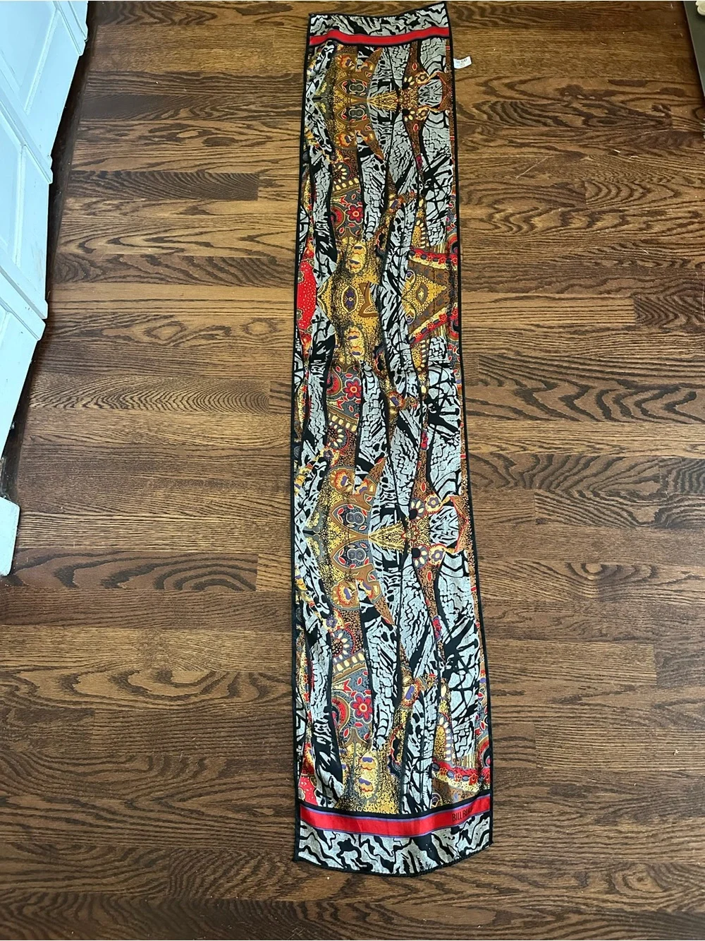 Bill Blass Vintage 100% Silk Abstract Pattern Oblong Scarf in Black, Gold & Red